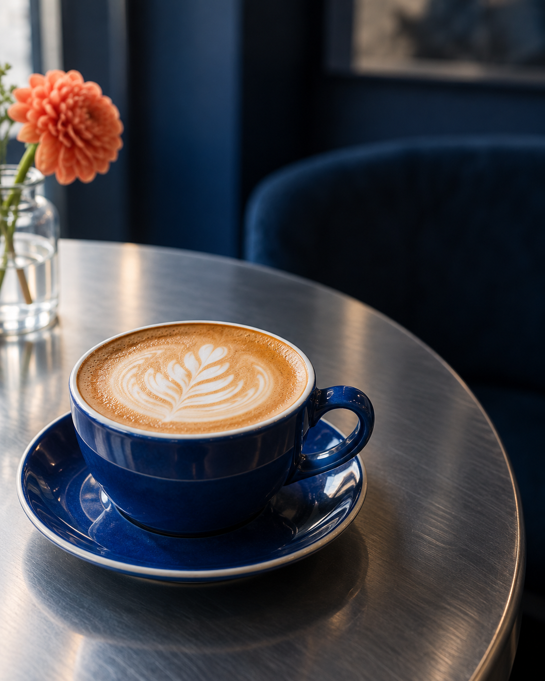 Flat white in a cobalt ceramic cup on a café table