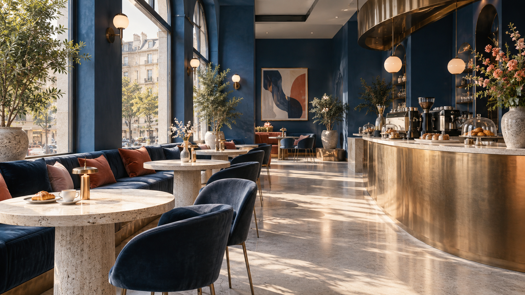 MIRA TABLE’s cobalt-toned café room with a long counter and daylight