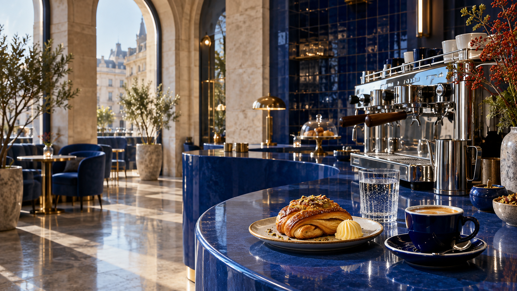 A cobalt contemporary café counter with espresso and a cardamom pastry